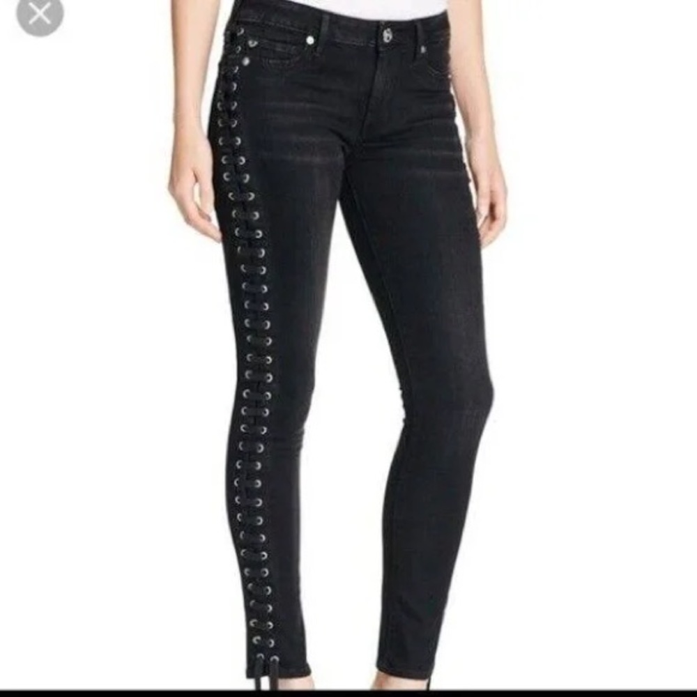 True Religion Halle Full Lace Up Mid Rise Super Skinny Black Womens Jeans 24